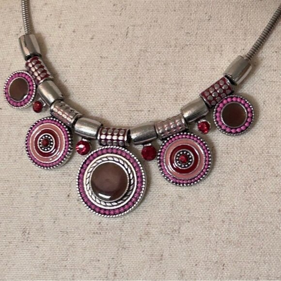 Boho Silver Tone Crystal Enamel Pendant Necklace - Picture 3 of 8